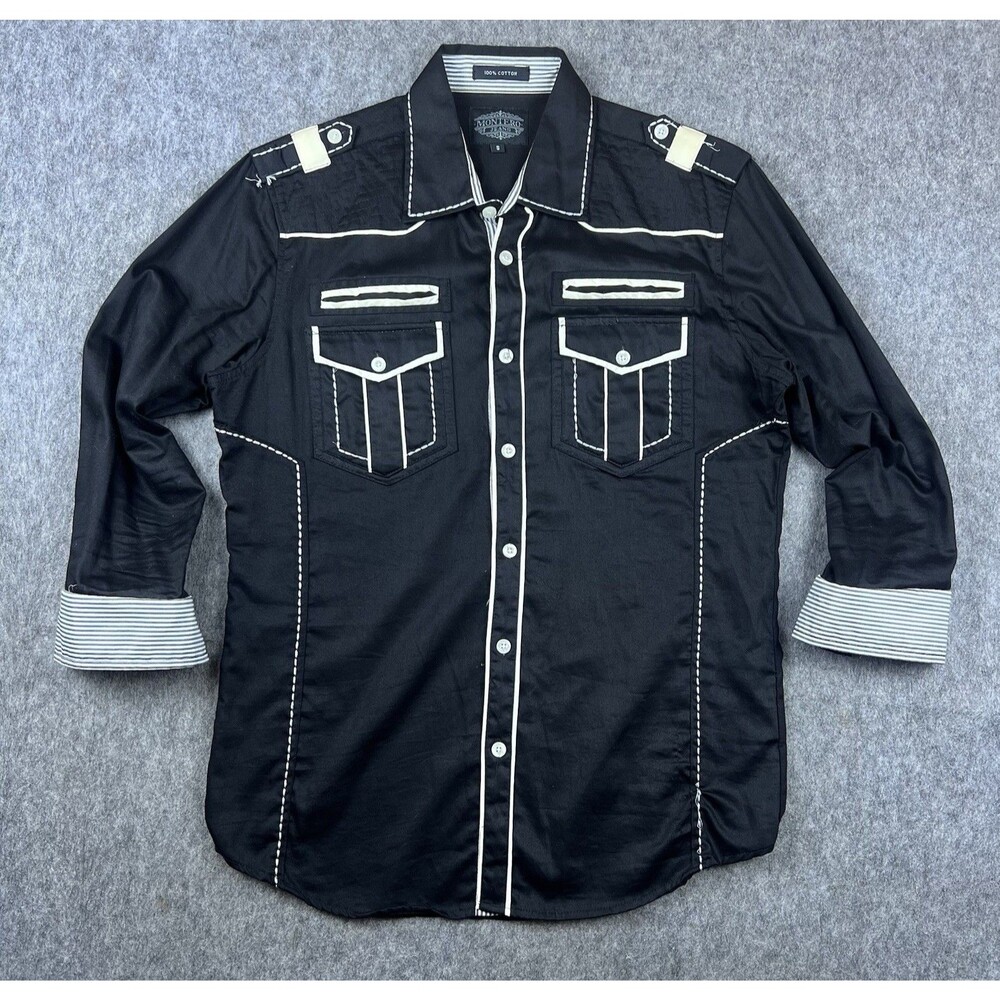 Montero Men's Button Down Shirt Western Thick Stitch 3/4 Sleeve Black Size S